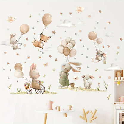 Söta tecknade djur hängandes i ballonger  - Lekfull design - Barnrumsdekor - shopen