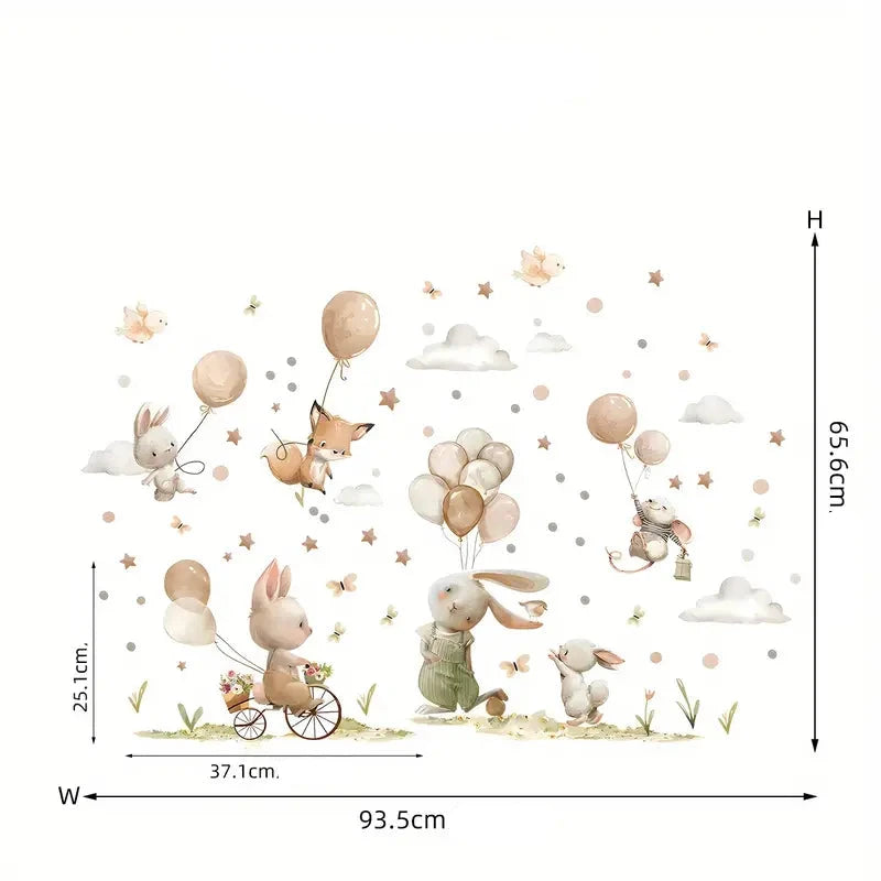Söta tecknade djur hängandes i ballonger  - Lekfull design - Barnrumsdekor - shopen