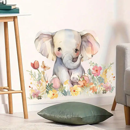 Charmig elefant bland blommor väggdekor - Blommig design - Barnrumsdekor - Väggdekorshopen	