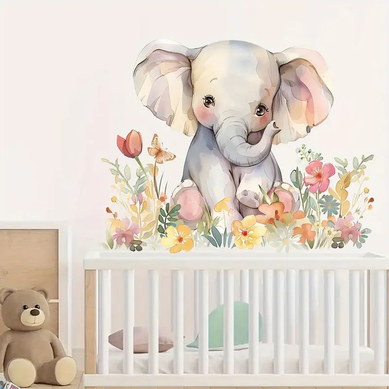 Charmig elefant bland blommor väggdekor - Blommig design - Barnrumsdekor - Väggdekorshopen	