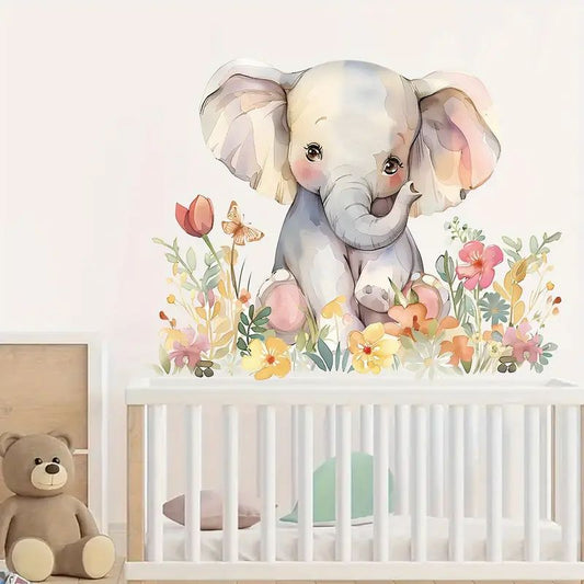 Charmig elefant bland blommor  - Blommig design - Barnrumsdekor - shopen