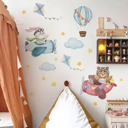 Nalle och kanin i flygplan  - Äventyrlig design - Barnrumsdekor - shopen