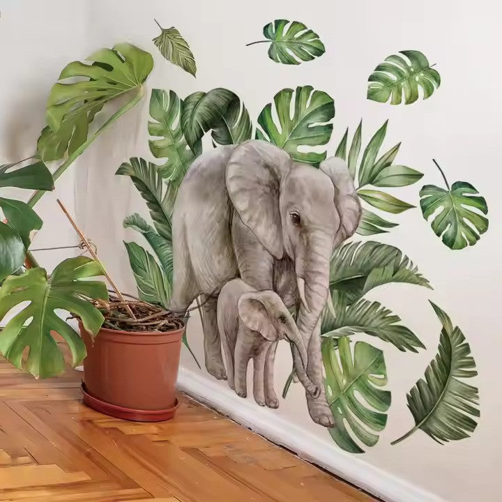 Elefanter och gröna blad väggdekor - Tropisk design - Djungelmotiv - Väggdekorshopen	