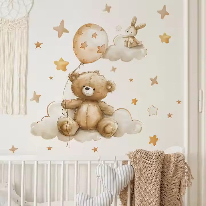 Nalle med ballong och stjärnor väggdekor - Söt design - Barnrumsdekor - Väggdekorshopen	