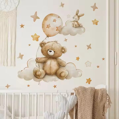 Nalle med ballong och stjärnor väggdekor - Söt design - Barnrumsdekor - Väggdekorshopen	