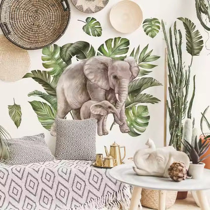 Elefanter och gröna blad väggdekor - Tropisk design - Djungelmotiv - Väggdekorshopen	