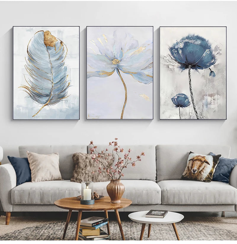 Blommor och fjäder i abstrakt nordisk design poster - Nordisk stil - Väggdekorshopen	
