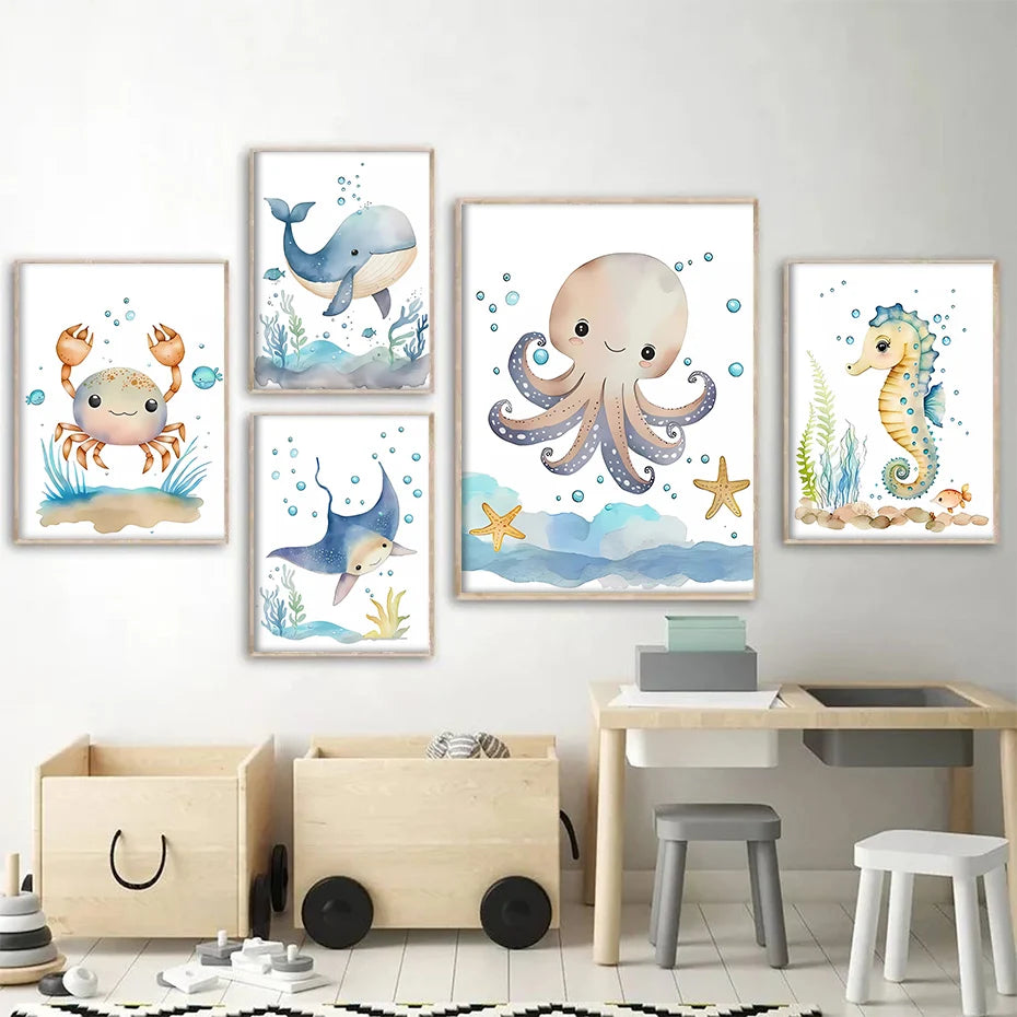 Havsdjur i akvarellstil poster - Marin design - Barnrumsdekor - Väggdekorshopen	