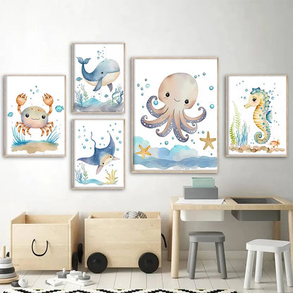 Havsdjur i akvarellstil poster - Marin design - Barnrumsdekor - Väggdekorshopen	