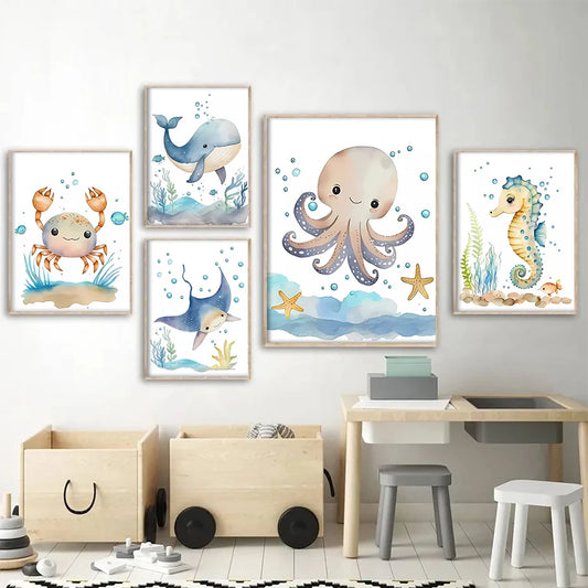 Havsdjur i akvarellstil poster - Marin design - Barnrumsdekor - Väggdekorshopen	