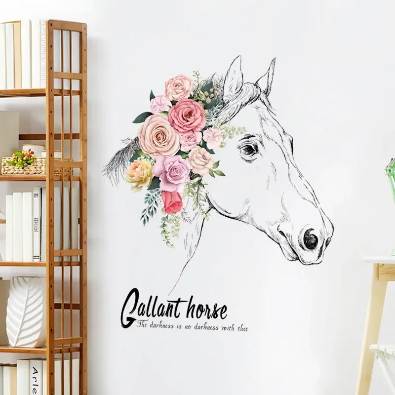 Hästhuvud med blommor väggdekor - Romantisk design - Hästmotiv - Väggdekorshopen	