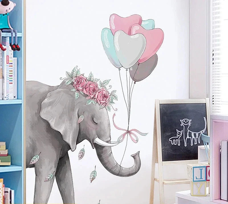 Elefant med blomkrans väggdekor - Blommig design - Barnrumsdekor - Väggdekorshopen	
