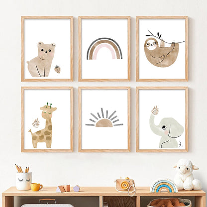 Djungeldjur och regnbåge i akvarellstil poster - Färgglad design - Barnrumsdekor - Väggdekorshopen	