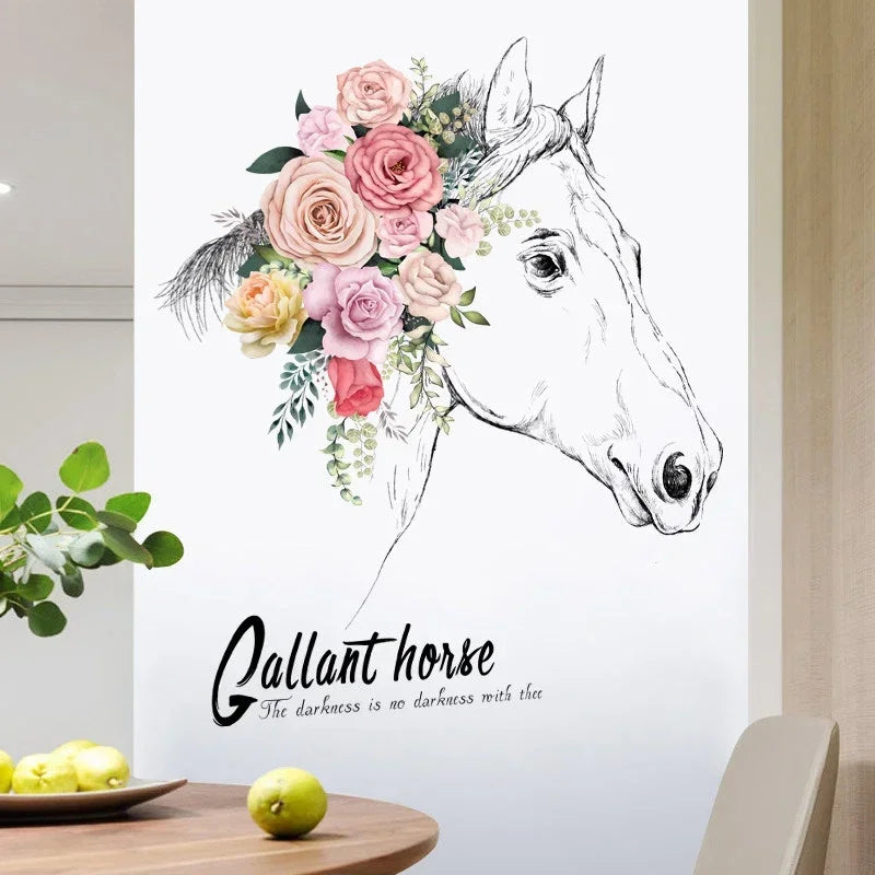 Hästhuvud med blommor väggdekor - Romantisk design - Hästmotiv - Väggdekorshopen	