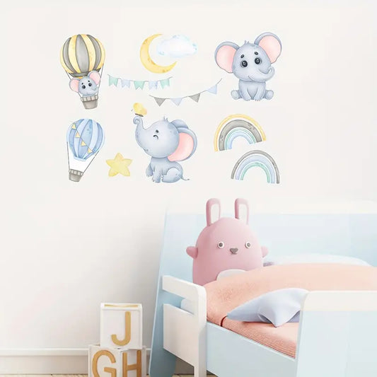 Elefant & Regnbåge i ballong  - Färgglad design - Barnrumsdekor - shopen